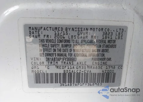 2015 Nissan Sentra S из США, поврежденный, VIN 3N1AB7AP1FY368983